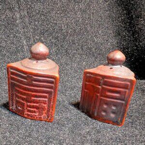 Ceramic salt and pepper shakers in Mayan/Aztec design by Frankoma Pottery
